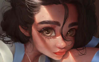 Closeup girl necklace blue shirt - art station free wallpaper