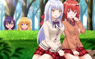 Anime girls forest bench blonde - a group of anime girls free wallpaper
