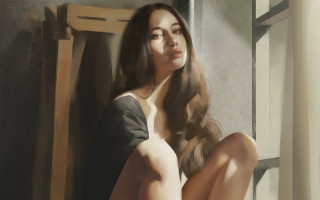 Woman sitting window figurative ultrafine - a painting of a woman free wallpaper