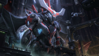 Futuristic robot city giant hammer - huge free wallpaper