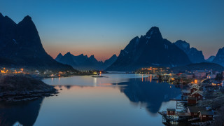 Lake mountains town night cityscape - cinematic landscape free wallpaper