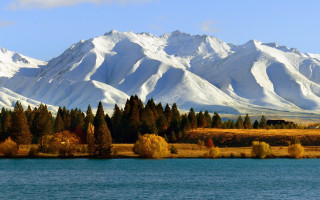 Mountain lake forest house scenery - a house in the foreground free wallpaper