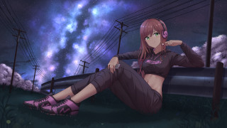 Girl headphones nightsky stars clouds - a rail free wallpaper