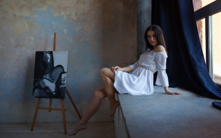 Woman sitting ledge room painting - figurative free wallpaper