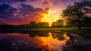 Sunset lake clouds reflection trees - the water and trees free wallpaper