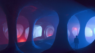 Man tunnel blue red lights - bruce munro free wallpaper