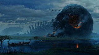 Giant dinosaur water boat fantasy - matte fantasy painting free wallpaper