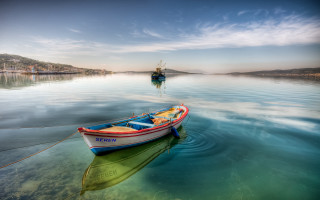Boat lake shore clouds impressionist - a shore line free wallpaper