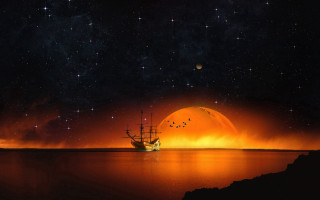 Full moon starry sky ship - david free wallpaper