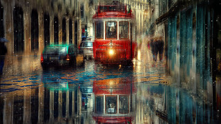 Red trolley street reflection cityscape - constantine andreou free wallpaper