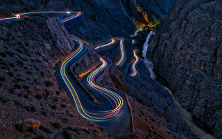 Winding road lights mountains night 2 - road free wallpaper