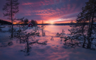 Sunset lake trees house red - a sunset over a lake free wallpaper