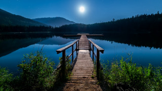 Lake moon forest bench stars - a lake and mountains free wallpaper