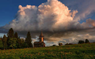 Church hill clouds flowers trees - ferenc joachim free wallpaper