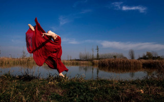 Woman dancing red dress pond - chen lu free wallpaper for desktop