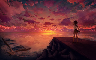 Girl sunset ocean cliff bird - her side free wallpaper