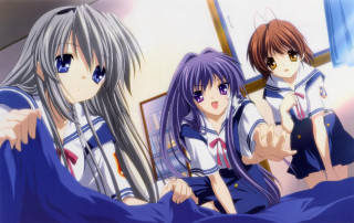 Anime girls school uniforms bedroom - the bed free wallpaper