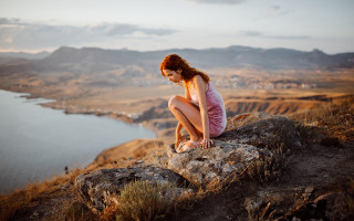 Woman rock water mountains sky - the water and mountains free wallpaper