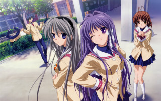 Anime girls sidewalk building clock - a sidewalk in front free wallpaper