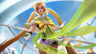 Cartoon girl sword green ribbon - a green ribbon free wallpaper