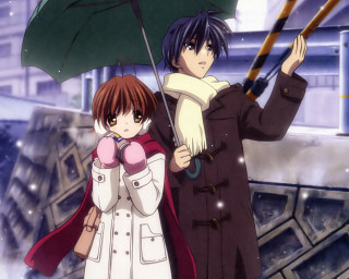 Couple umbrella snow falling building - under free wallpaper for desktop