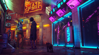 Couple dog cyberpunk building neon - retrofuturism free wallpaper
