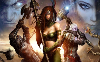 Woman bikini sword armored women - two other woman free wallpaper