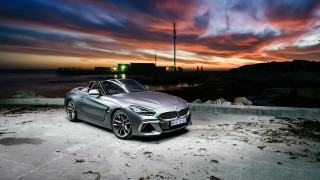 Silver car sunset beach water - 8k artistic photography free wallpaper