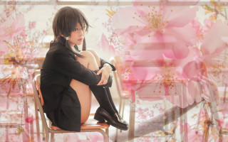 Woman sitting cherry blossoms floral - a chair in a room free wallpaper