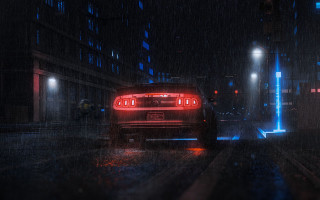 Red car rainy night cityscape - octane free wallpaper