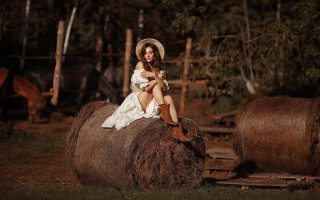 Woman hay bale field horses - horse free wallpaper