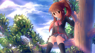 Girl short skirt boots tree - a tree branch in a forest free wallpaper
