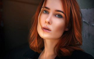 Red hair blue eyes portrait 2 - grey free wallpaper for desktop