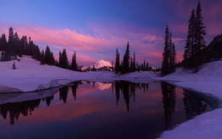 Mountain lake trees sunset clouds 3 - widescreen free wallpaper