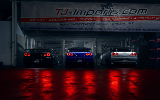 Three cars garage red lights - a garage free wallpaper
