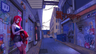 Woman streetcorner cartoon redhair blue - a blue top free wallpaper
