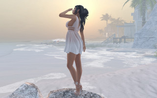 Woman white dress ocean sunset - a rock near the ocean free wallpaper