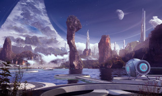 Futuristic city floating island background - matte painting concept art free wallpaper