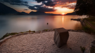 Sunset beach lake mountains urban - sandy free wallpaper