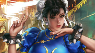 Woman blue dress sword dragon - a gold free wallpaper