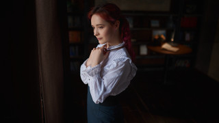 Woman white shirt brown tie - a bookcase free wallpaper