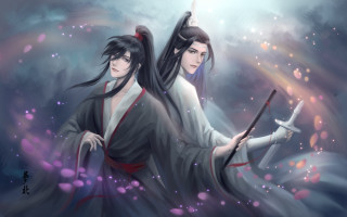 Asian women swords clouds starry - their hand and a sky background free wallpaper