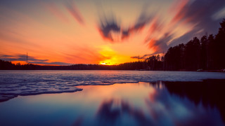 Sunset lake clouds trees impressionist - a sunset over a lake free wallpaper