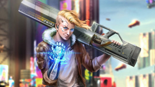 Futuristic city girl giant gun - cyberpunk art free wallpaper