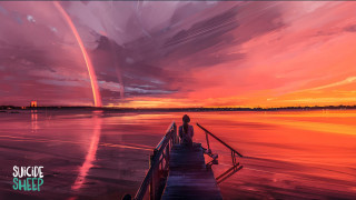 Sunset water dock rainbow mountain - alena aenami free wallpaper