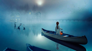 Woman boat lake house birds - surreal photography free wallpaper