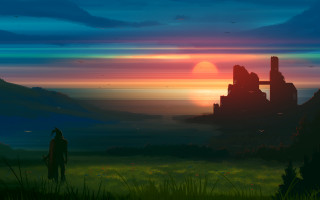 Man field sunset building bird - anton fadeev free wallpaper