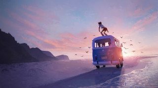 Beach bus figures birds dusk - atey ghailan free wallpaper