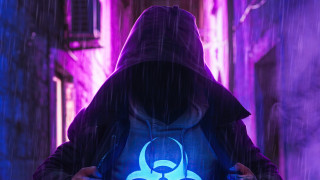 Hooded person glowing biohazard rain - cyberpunk free wallpaper