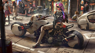 Woman motorcycle city street cyberpunk - a man in a suit and tie free wallpaper